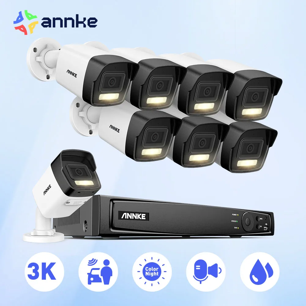 ANNKE 3K 8CH PoE Security System 4/8PCS Bullet Cameras Color IR Night Vision Human Vehicle Detection Built-in Mic IP67 IP Camera security camera,smart outdoor camera