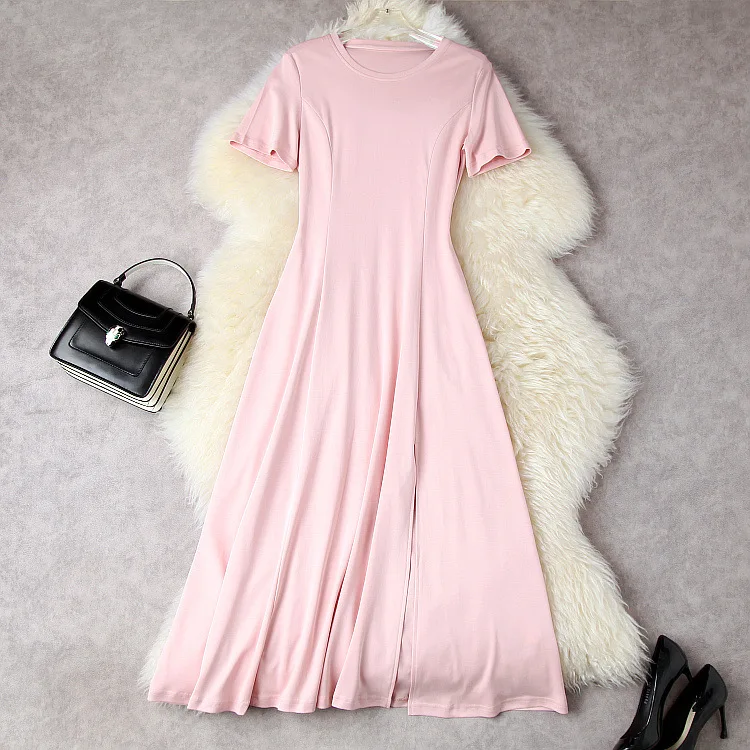 

European and American women's wear spring 2022 new Short sleeve round collar stretch cotton Fashionable pink pleated dress