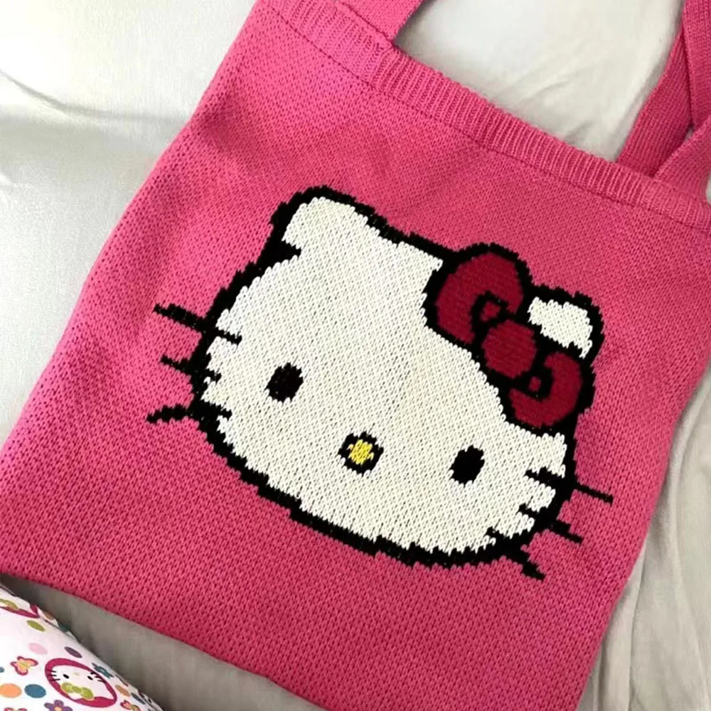 Sanrio Knitting Shoulder Bag Hellokitty Handbag SimpleCasual Backpack Portable Tote Kawaii Anime Satchel Textbook Bagpack Female