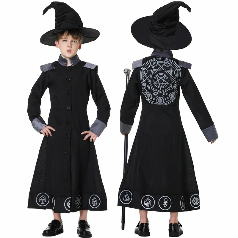 

Halloween Costumes Boys Wizard Costume Dark Sorcerer Robe Religious Priest Cosplay Carnival Party Fancy Dress Up for Kids