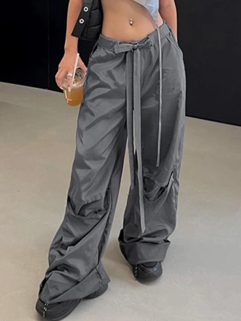 Y2k Streetwear Grey Pant Waist Tie Loose Cargo Pants Safari Style Women  Pants 2023 Summer Low Waist Trousers Fashion Clothes - AliExpress