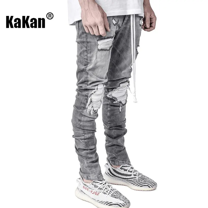 Kakan - Black Men's Slim Jeans with Holes In The Locomotive, New Skinny Jeans K016-2013 Popular In Europe and America