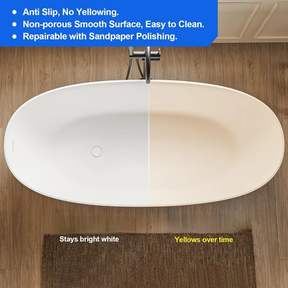 55" Stone Resin Freestanding Bathtub, Oval Contemporary Soaking Tubs, Solid Surface Stand Alone Tub