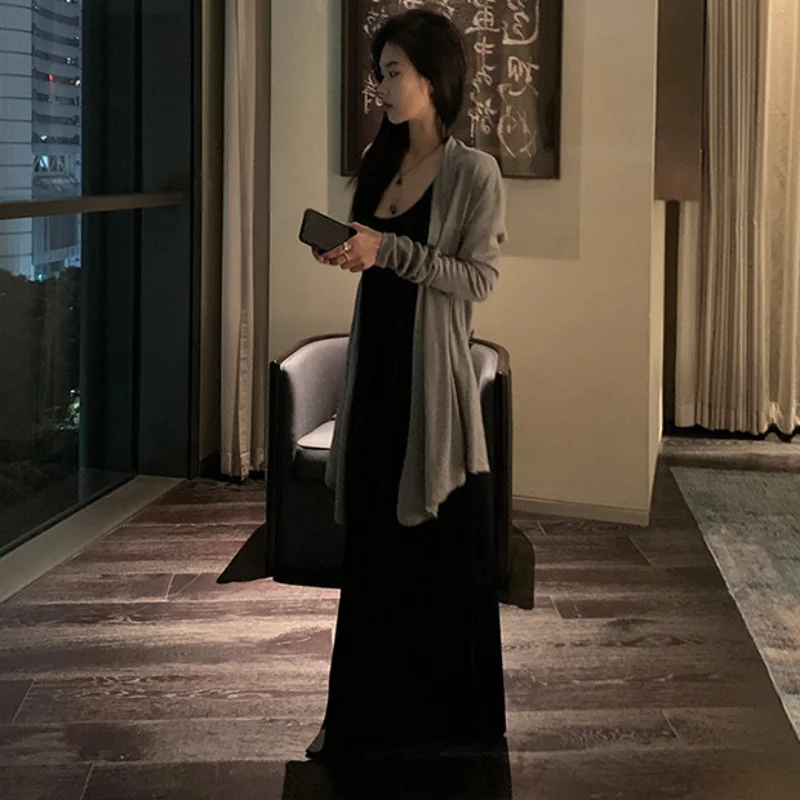 임산부 니트 스트랩 드레스와 숄 가디건 투피스 세트, 편안한 스타일, 핫맘, 봄 여름 신상품