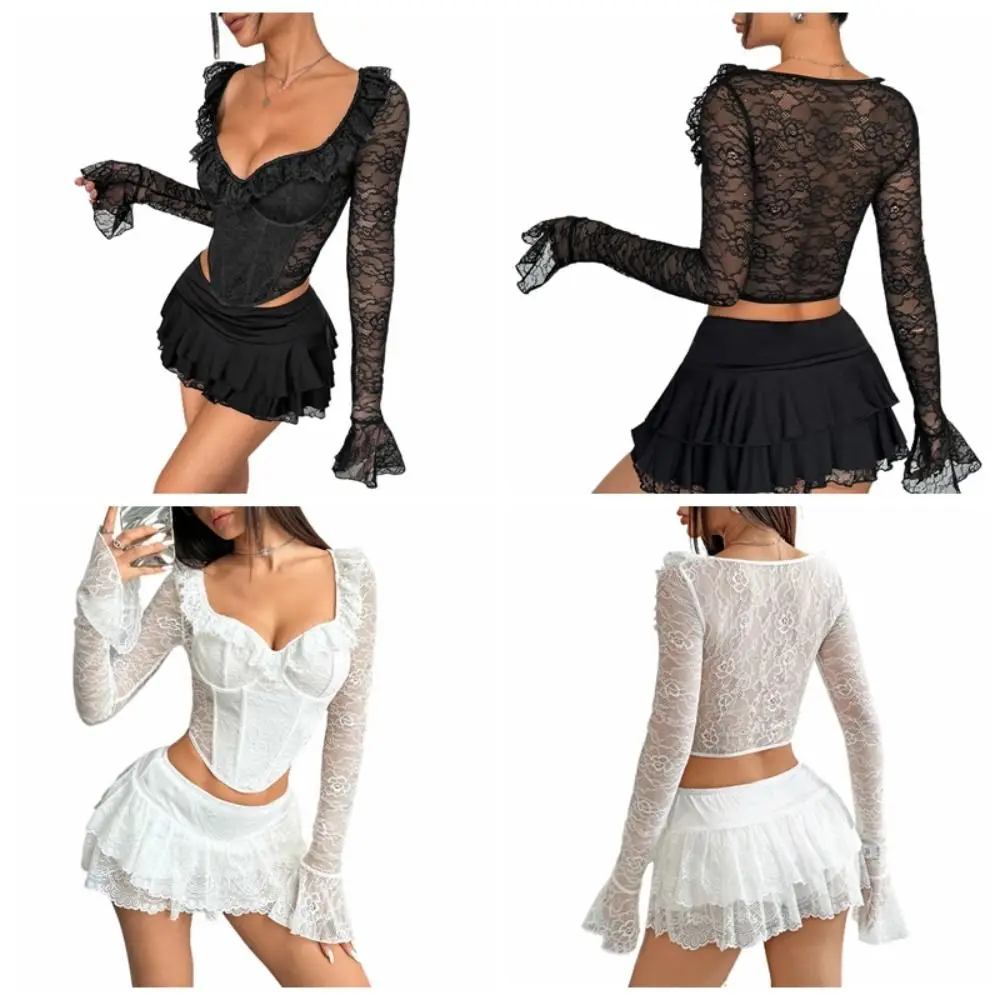 Description Picture 3 of itemRuffled Lace Corset T Shirts V-neck Slim Fit Long Sleeve Mesh Shirts Streetwear Transparent Lace Crop Tops Women Spring Summer