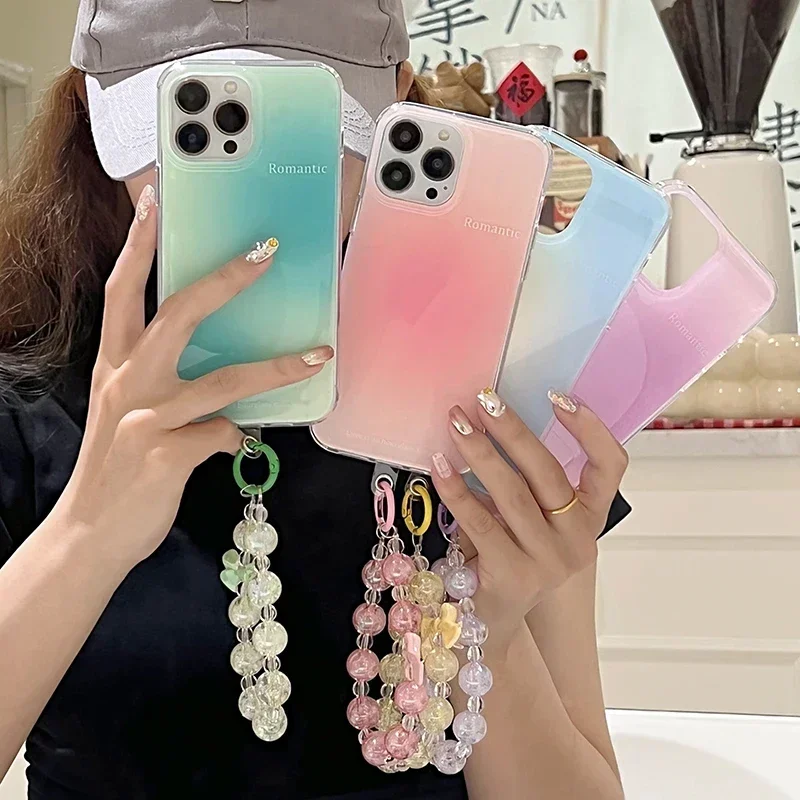 

Fashion Gradient Color Phone Case For iPhone 13 Pro Max 14 11 12 Soft IMD TPU Beads Lanyards KeyChains Protective Cover Coque
