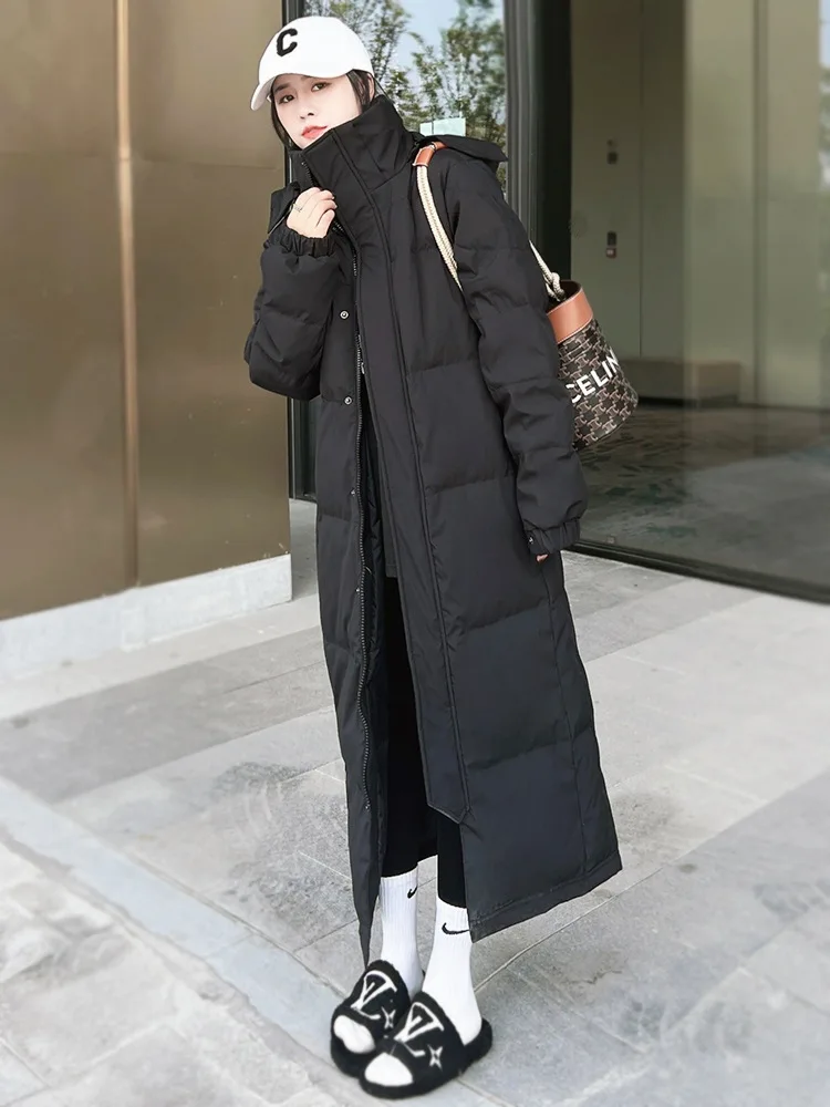 Long below the Knee down Jacket Unisex Thickened Winter New White Duck down Black Hooded Loose Extended Coat