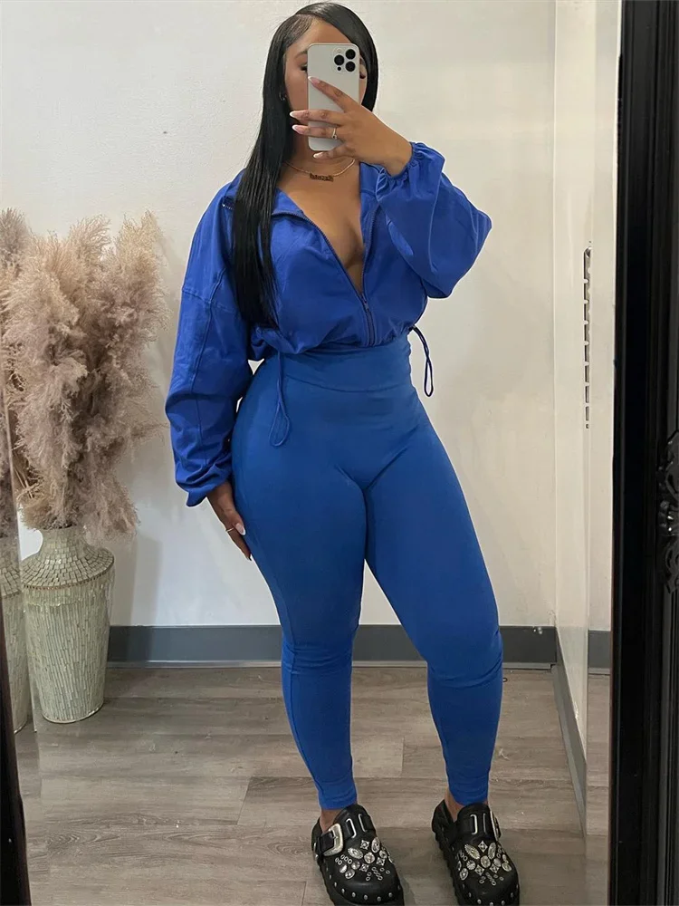 Wmstar Women Two Piece Set Casual Sporty Two Piece Sets Zipper Long Sleeve Drawstring Top Skinny Pants Outfits Female Tracksuits