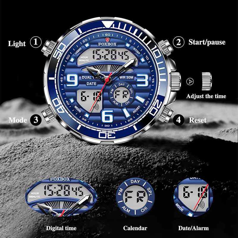 FOXBOX Top Brand Luxury Watch Men Waterproof Quartz Digital Led Male Clock Military Sport Stainless Steel Man Wristwatch 2023