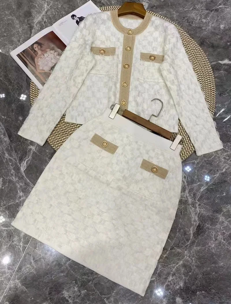 

2022 Autumn Winter Fashion 2 Piece Sweater Sets High Quality Women Color Block Wool Knitting Long Sleeve Sweaters+Knitted Skirts