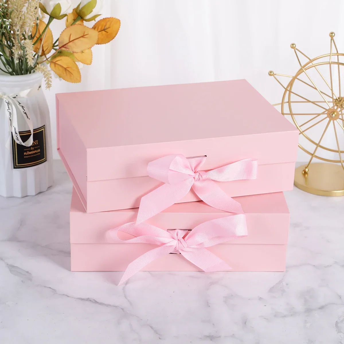 1Pc Golden Ribbon Gift Box with Satin Bow, Folding Jewelry Display Case, Collapsible Ca... - SKU GRGB1035 - UGI Packaging