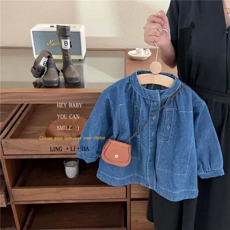 

Little Girls Stand Collar Loose Shirt Denim Dress 2024 Autumn New Solid Long Aleeve Kids Girls Lining Dress Toddler Girls Dress