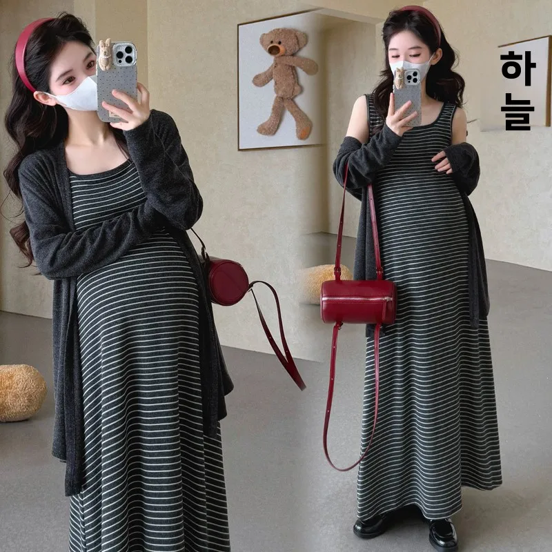 봄 패션 임산부용 긴팔 오픈 가디건 드레스 투피스 세트 슬리밍 레이지 스타일 한국 버전 임부복