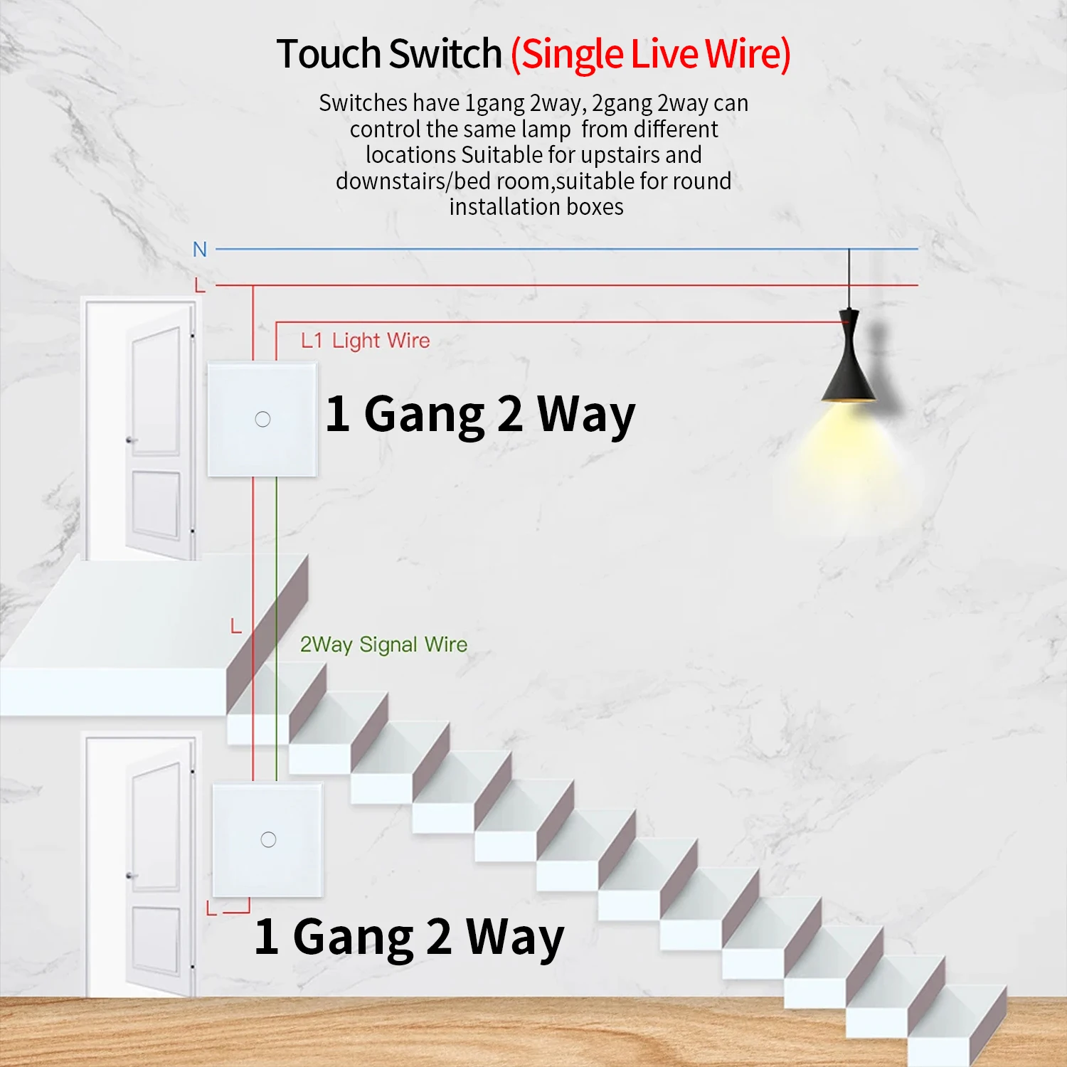 1Gang 2Way Dual Touch Switch 86*86mm Tempered Glass Panel Stair Bedroom Sensor Switch