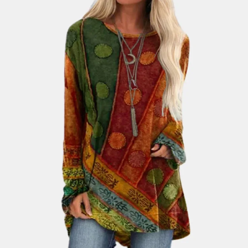 

2024 Popular Ethnic Style Printed Loose Long Sleeved Oversized Fashionable Pullover Round Neck T-shirt Hoodie