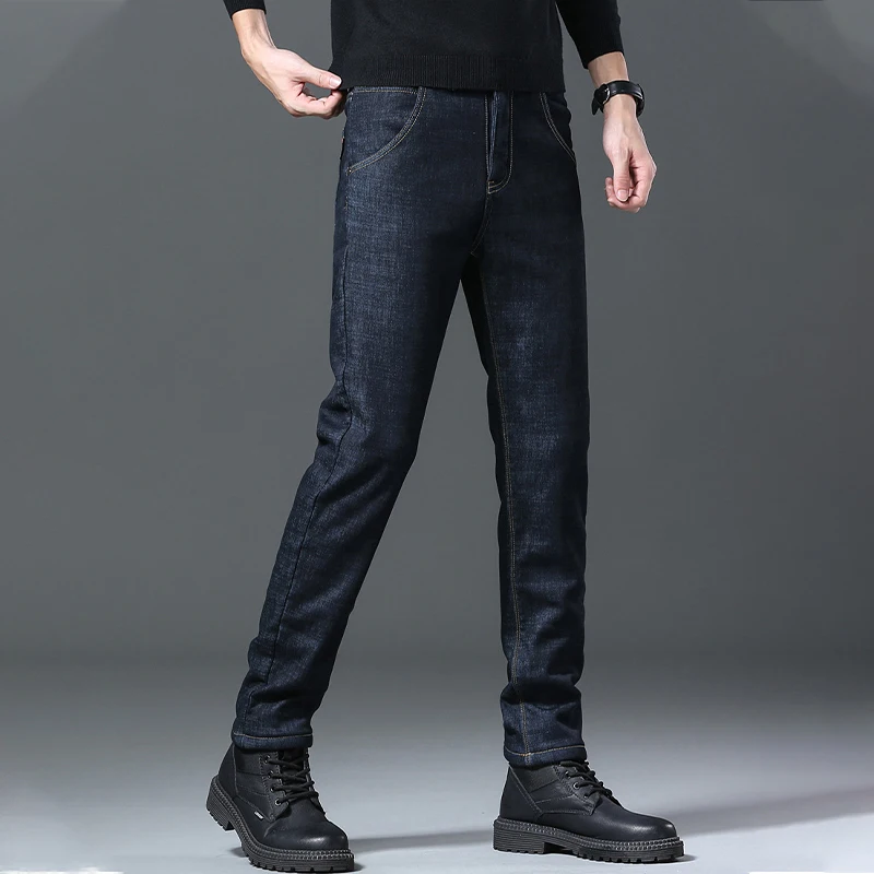 2022 Winter Thick Warm Fleece Jeans Men Black Fashion Business Denim Trouser Blue Stretch Slim Fleece Jeans Man