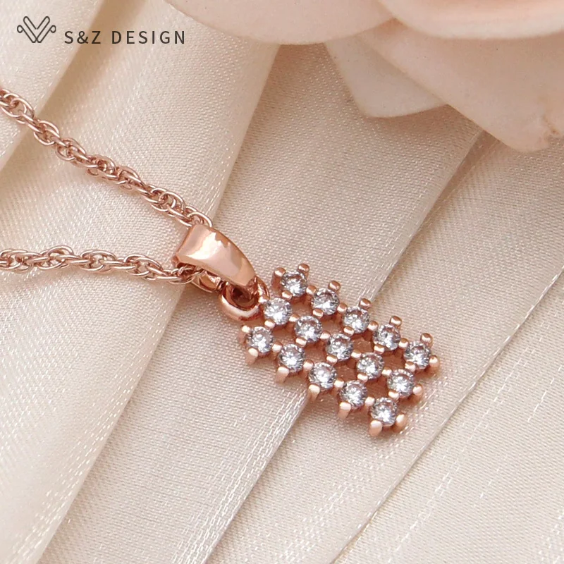 S&Z DESIGN New Fashion Rectangle Cute Round Cubic Zirconia Dangle Earrings Jewelry Sets For Women 585 Rose Gold Color Necklace