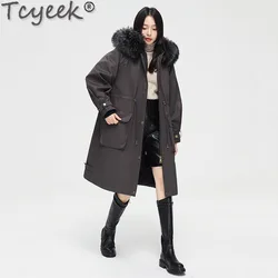 Tcyeek Womens Fur Coat New 2023 Winter Warm Detachable Rex Rabbit Fur Liner Jacket Women Clothing Raccoon Fur Collar Parka Loose