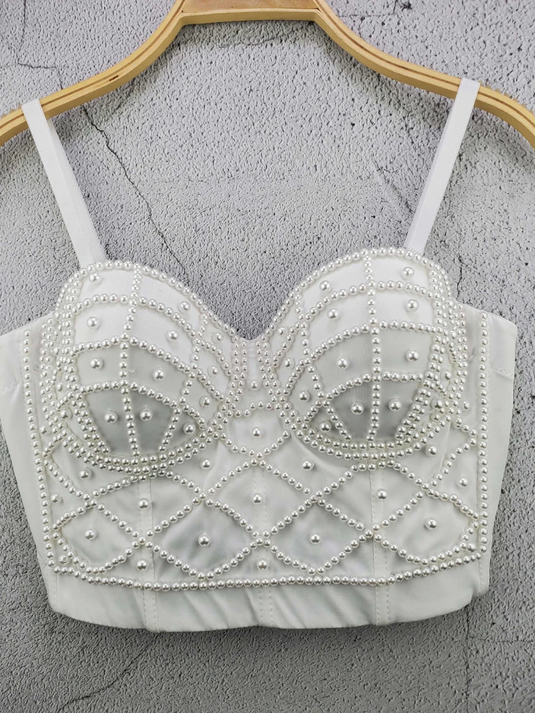 Women Lingerie Bra New Fashion Sleeveless White Pearls Bralet Corselets Women's Party Wedding Bustier Corsets Bra Cropped Tops