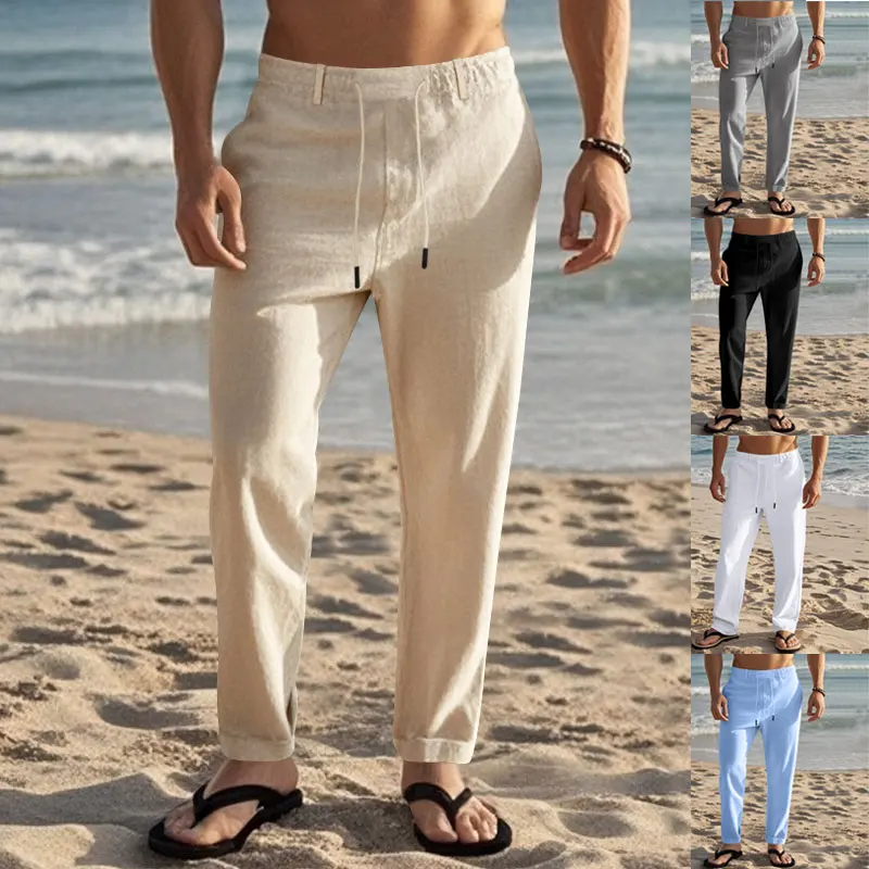 Men's Trousers Spring and Autumn Drawstring Simple Fashion Solid Color Daily Casual Cotton Linen Straight Trousers casual pants cotton linen pants