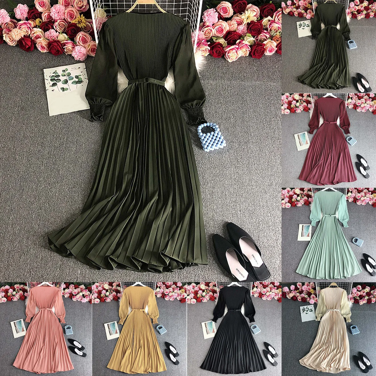

Design: Pleated Skirt Pressed Pleats Waist Thin Temperament Light Mature Style Women's New Casual Striped Dresses for Women