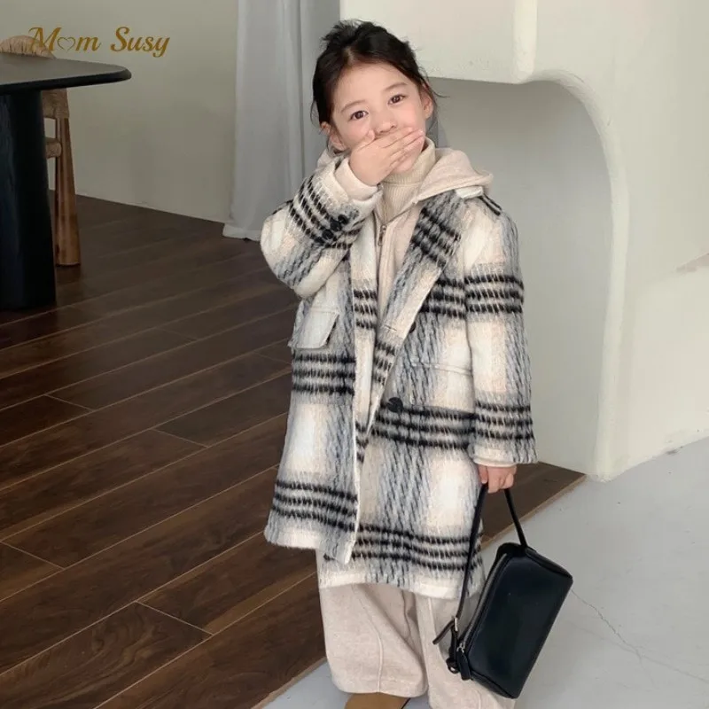 

Fashion Baby Girl Plaid Wool Jacket Long Winter Spring Autumn Child Coat Tweed Boutique outwear Woolen Baby Clothes 2-7Y