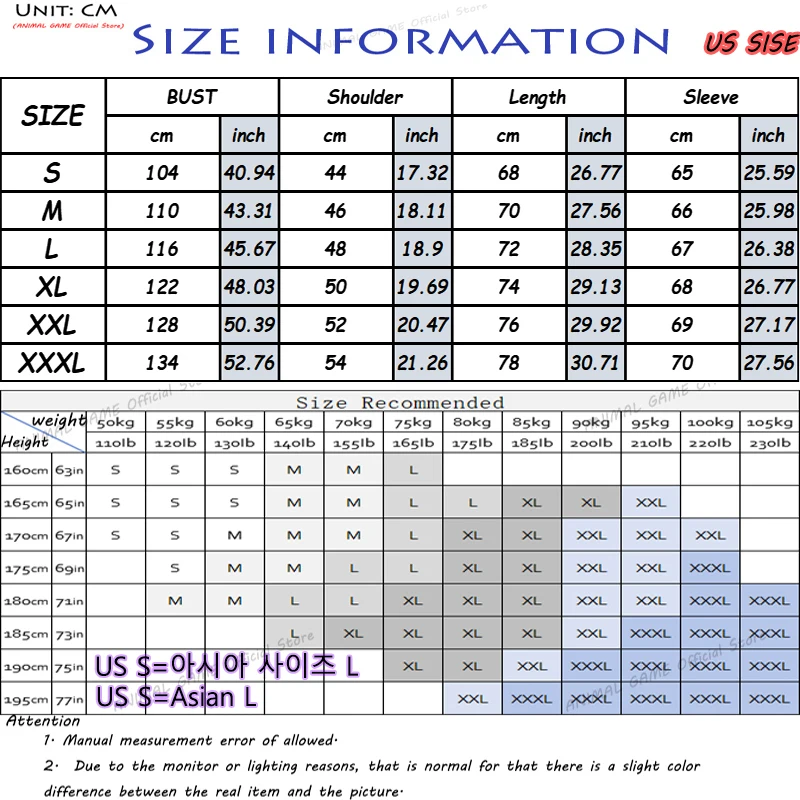 Animal Game Men's Casual Jacket Hoodie Zipper Sweatshirts for Men Oversize Pullover Winter Warm Work Coat Outdoor Tracksuit Men