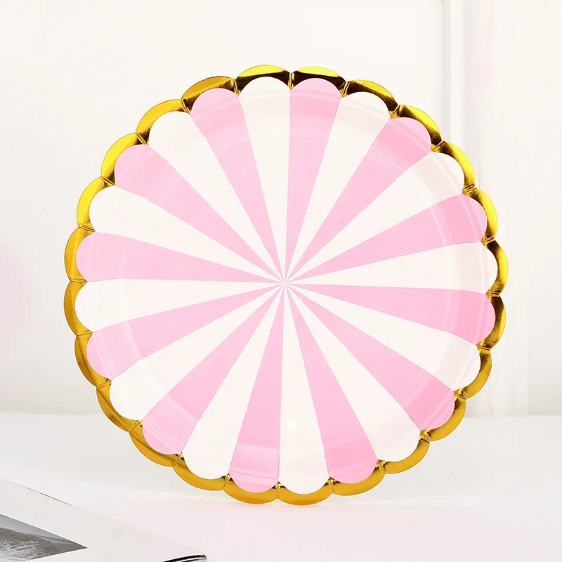 Blue Pink Disposable Paper Tableware Christmas Party Hot Gold Striped Paper Plate Set Decoration Supplies צלחות חד פעמי יפני종이그릇
