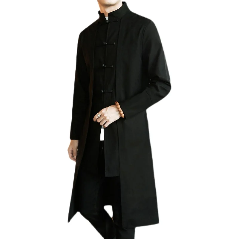 Trench Coat Men Fake two Pieces Cardigan Kimono Embroidered Long Chinese Style Black Loose Vintage Cotton Linen Jacket