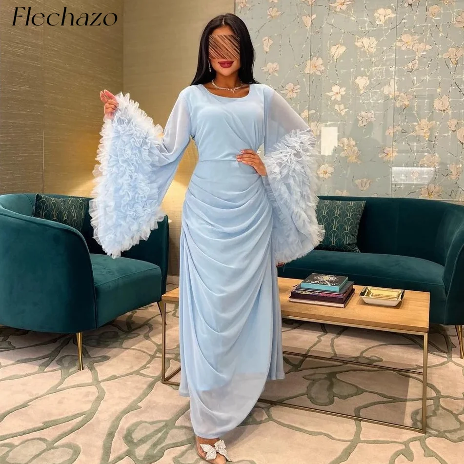 

Flechazo Ligth Blue Chiffon Evening Dresses O Neck Flare-Sleeve Tiered Ruched Elegant Party Dress For Women 2024 robes de soirée