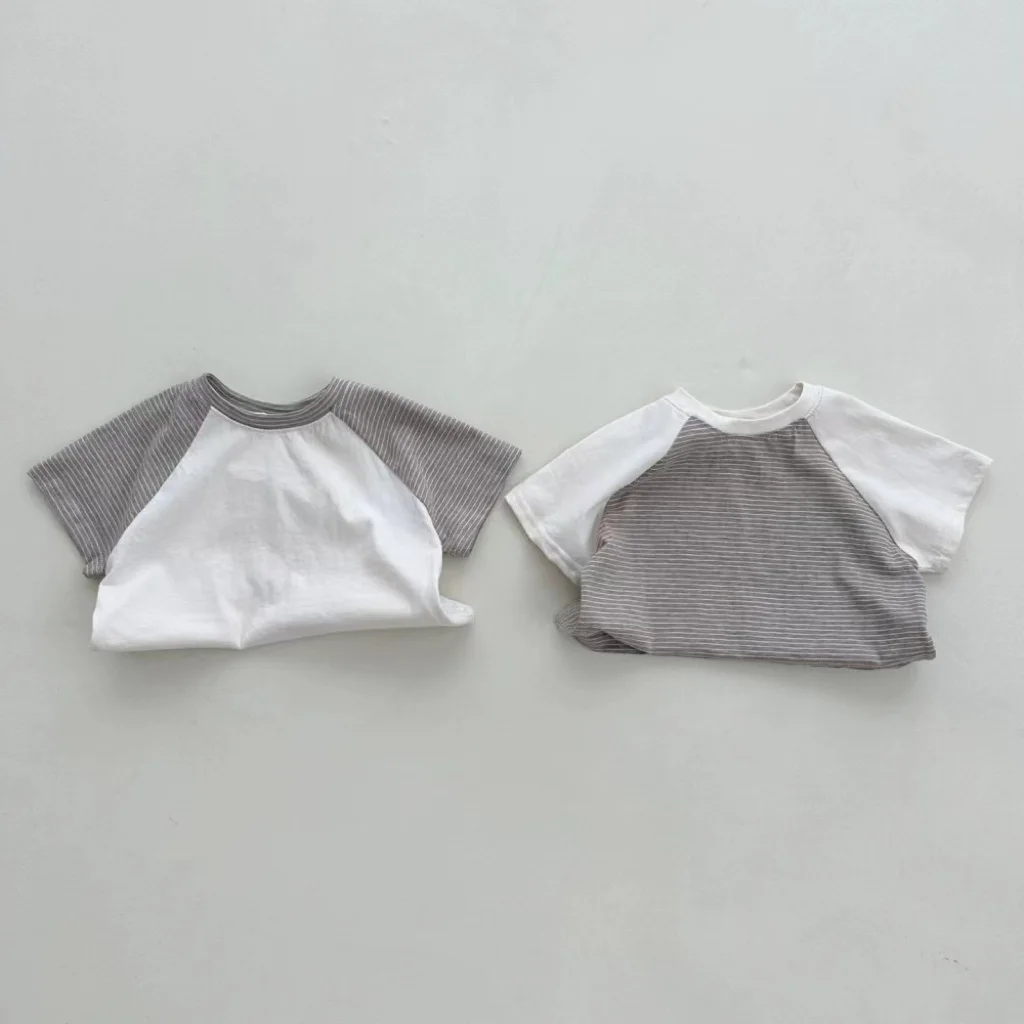 

Ins Summer Children Splicing Short Sleeve T-shirt Fashion Girl Baby Striped Tees Loose Kid Boy Cotton Tops Toddler Casual Tshirt