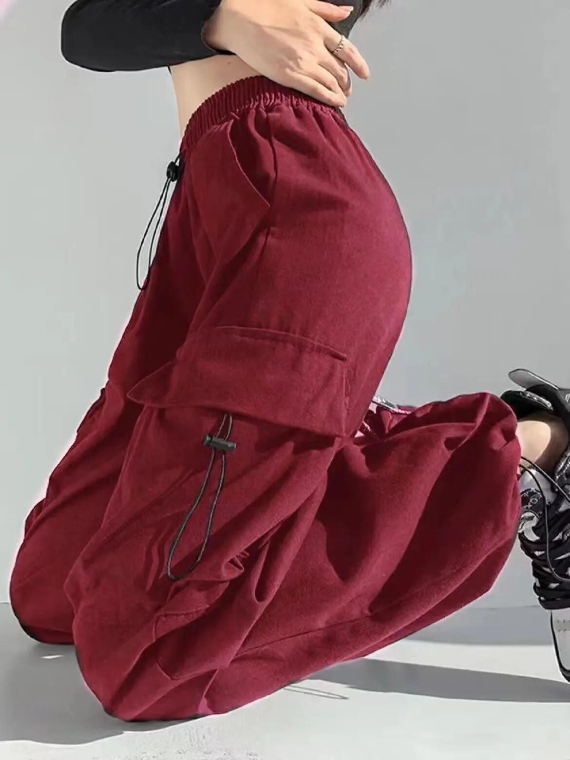 Buy QYANGG Baggy Parachute Pants for Women Drawstring Elastic Low Waist  Ruched Cargo Pants Multiple Pockets Jogger Y2K Pants, Pink-2, L at Amazon.in