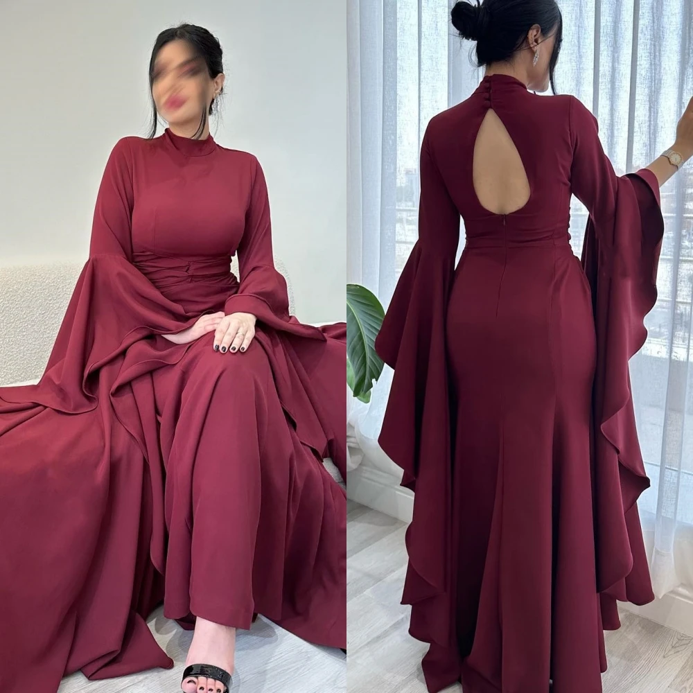 Prom Dress Saudi Arabia Satin Ruffles Draped Ruched Engagement Sheath High Collar Bespoke Occasion Gown Long Dresses prom dress saudi arabia satin beading ruffles engagement sheath boat neck bespoke occasion gown long sleeve dresses