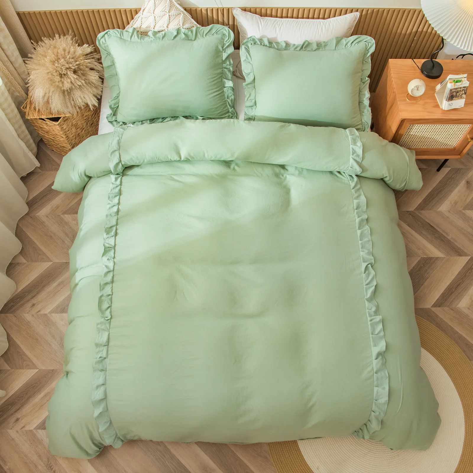 Bedding sets Nordic Bed Cover Sets Green Color Ruffles Duvet Plain Dyed funda nordica cama 150 Double bettwäsche Set |