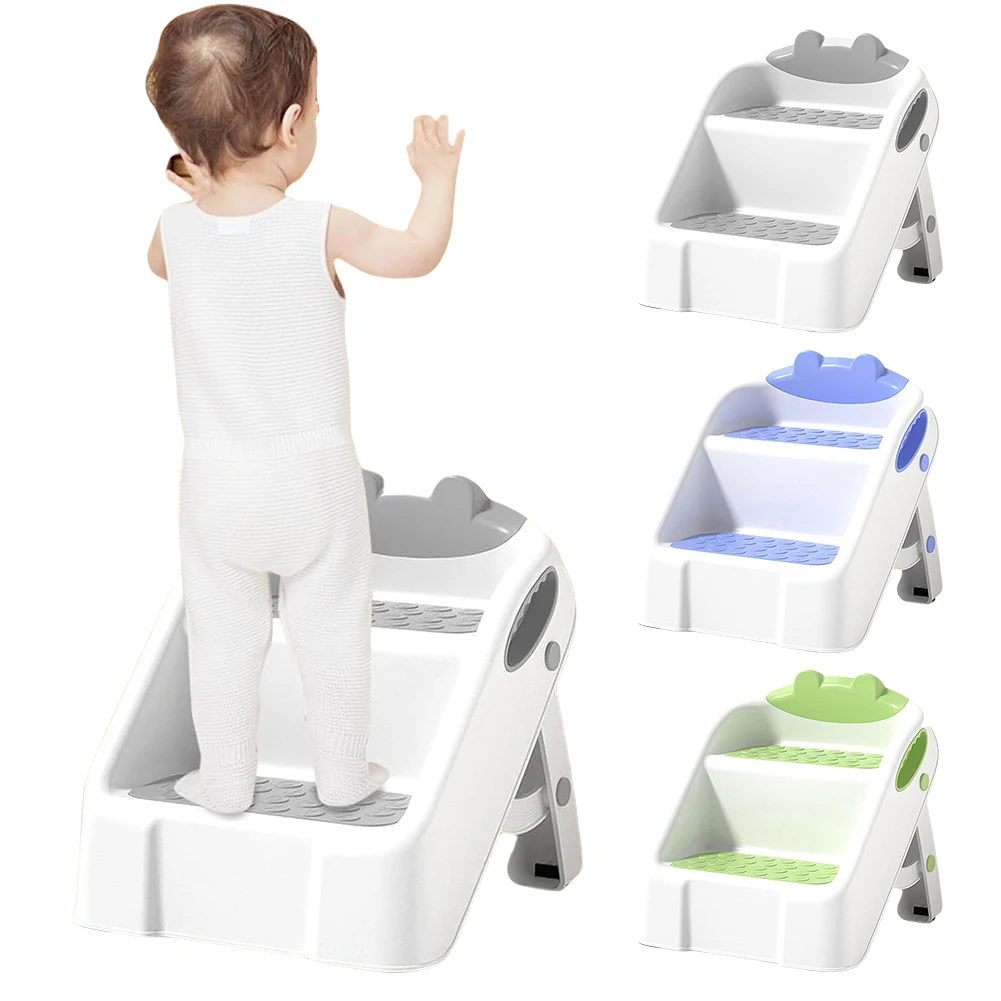 2 Step Stool for Kids Anti-Slip Children Double Step Stool Foldable For Potty Training Bathroom and Kitchen