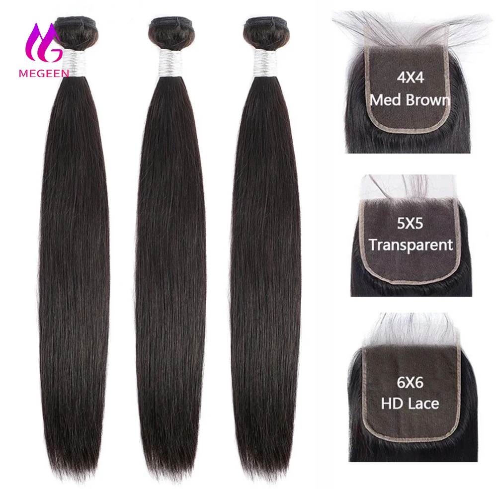 

Straight 5X5 6X6 Hd Transparent Lace Closure With Bundles Megeen Brazilian Remy Human Hair Weave Bundles With 4X4 Closure 30Inch