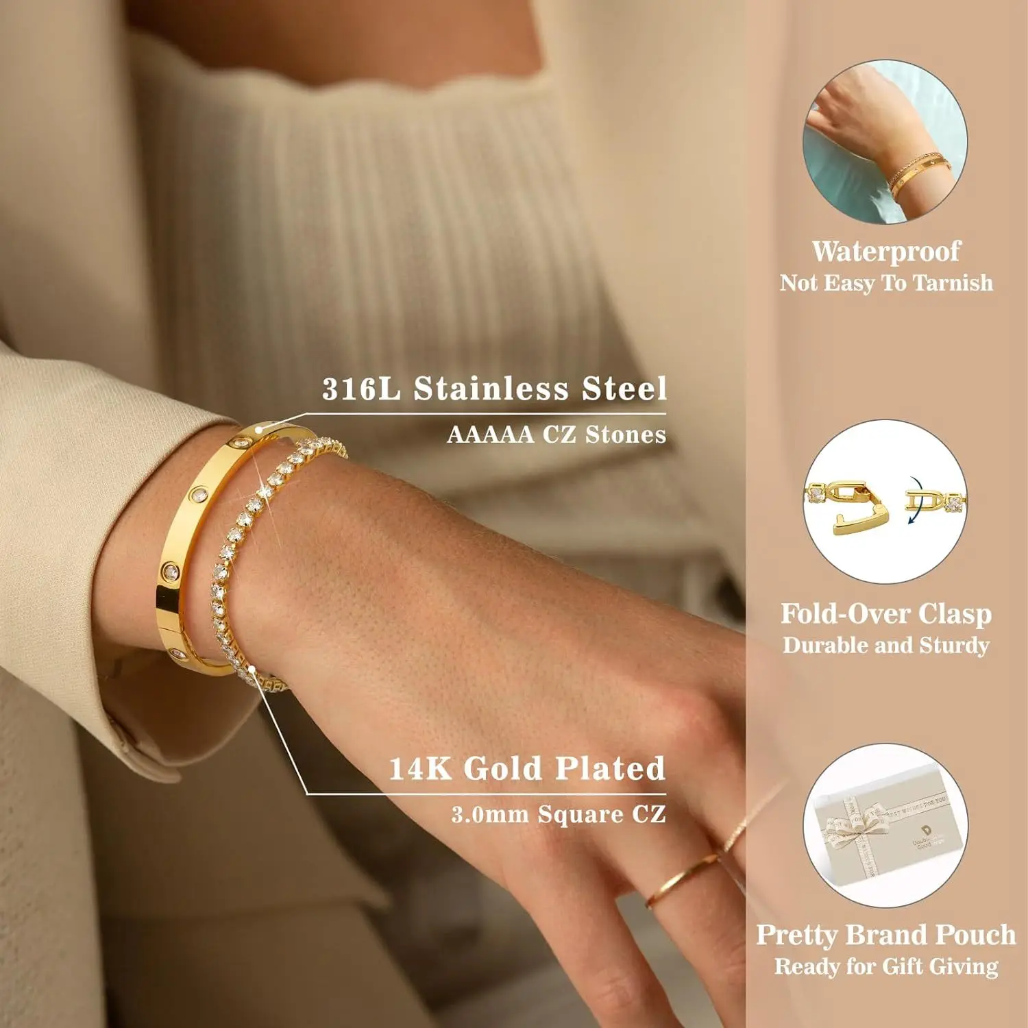 Elegant Stainless Steel Zircon-Embellished Bracelets - Non-Fading Luxury Women's Fashion Jewelry