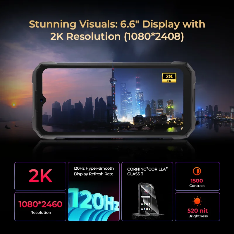 HOTWAV Hyper 7 5G Rugged Phone 6.6'' FHD+ 2K Display 10800mAh Mobile Phone 280LM 64MP Smartphone 8GB 256GB Android 14 Cellphone 4