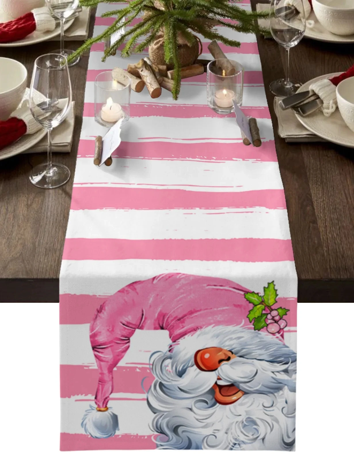 

Christmas Pink Striped Gnome Pine Nut Hat Linen Table Runners Party Table Decor Xmas Dining Table Runners Christmas Decorations