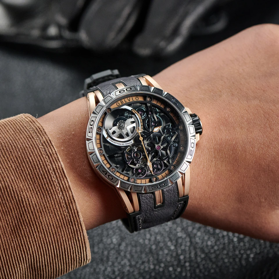 Oblvlo-男性用の自動巻きスポーツウォッチ,自動巻き,ゴム製ストラップ