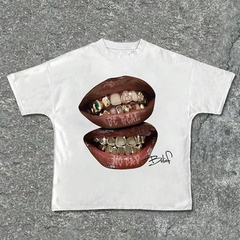 Chic Lips Golden Teeth Vintage Tee Rock Goth Casual Summer Short Sleeve High Street Oversized T Shirt Harajuku Graphic Print 1