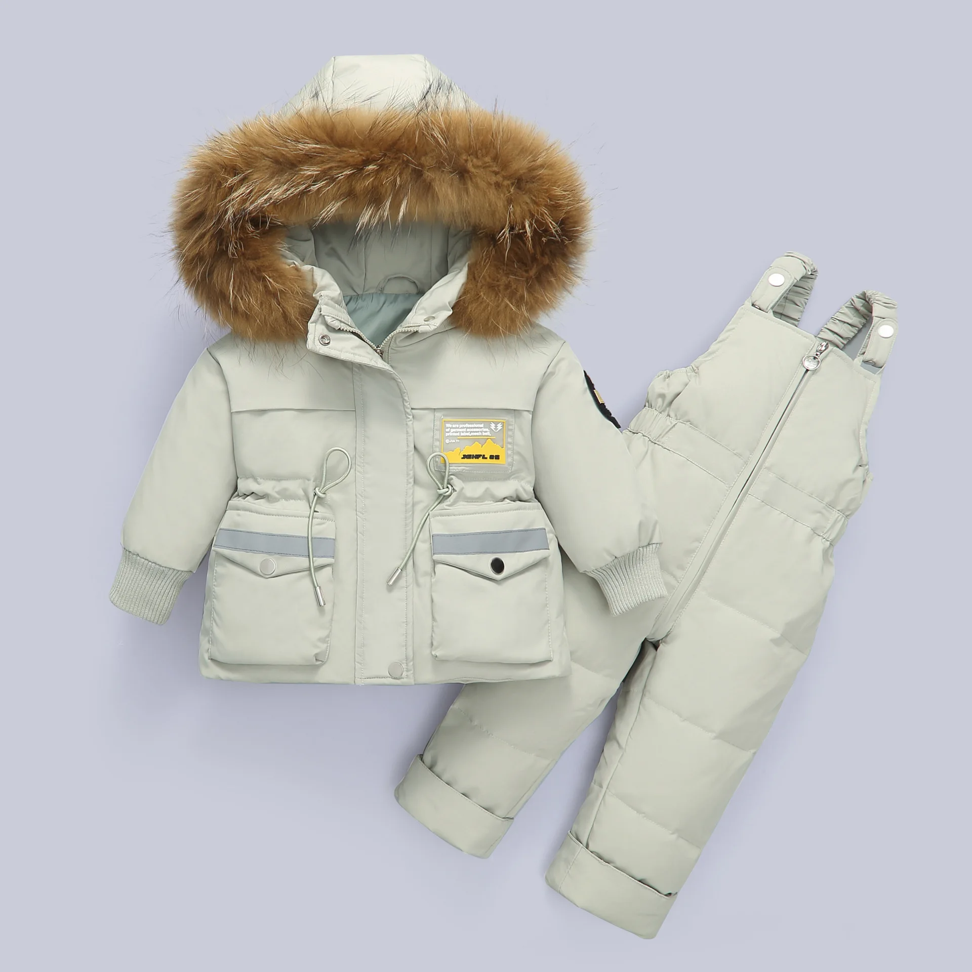 

2022 Winter Baby Girls Boys Casual Down Suit Infant 2pcs Clothing Set Fur Hooded Jacket+ Overall Pant