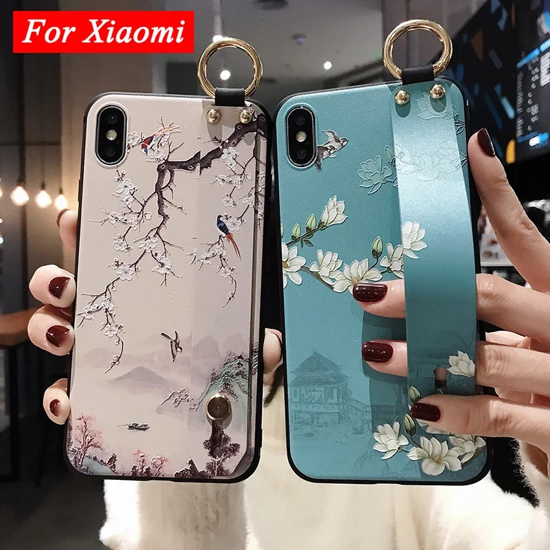 Custodia Per Telefono Con Cinturino Da Polso Con Fiore In Rilievo 3D Per Xiaomi Mi 13T 13T Pro Luxury Floral Hand Band Cover Posteriore In Silicone Mo