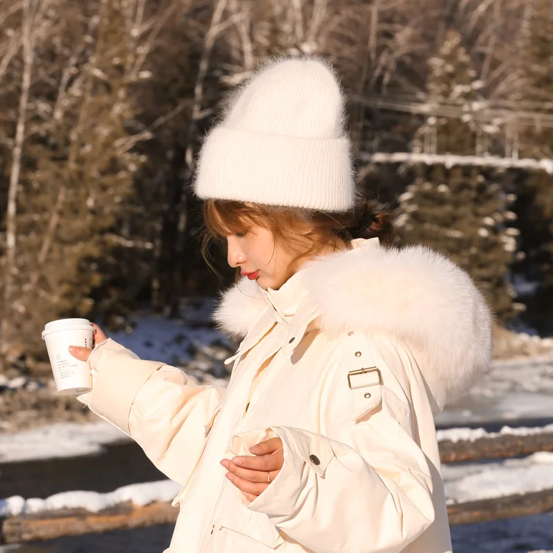 New Fashion White Rabbit Fur Beanies Hat Women's Winter Soft Warm