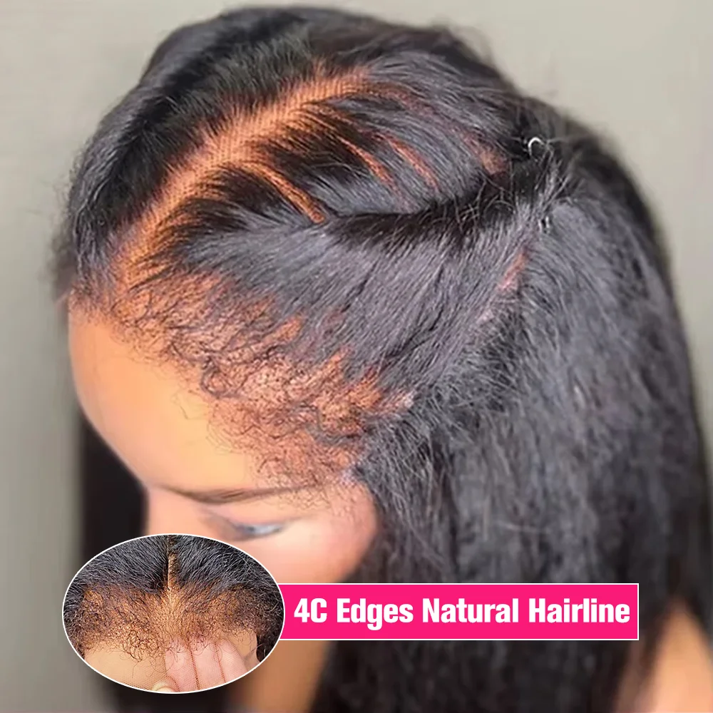 4C Edges Curly Baby Hair Lace Wigs Kinky Straight 13x6 HD Lace Frontal Wig Human Hair Yaki Straight Lace Front Human Hair Wigs 1