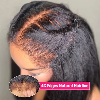 4C Edges Curly Baby Hair Lace Wigs Kinky Straight 13x6 HD Lace Frontal Wig Human Hair Yaki Straight Lace Front Human Hair Wigs 1