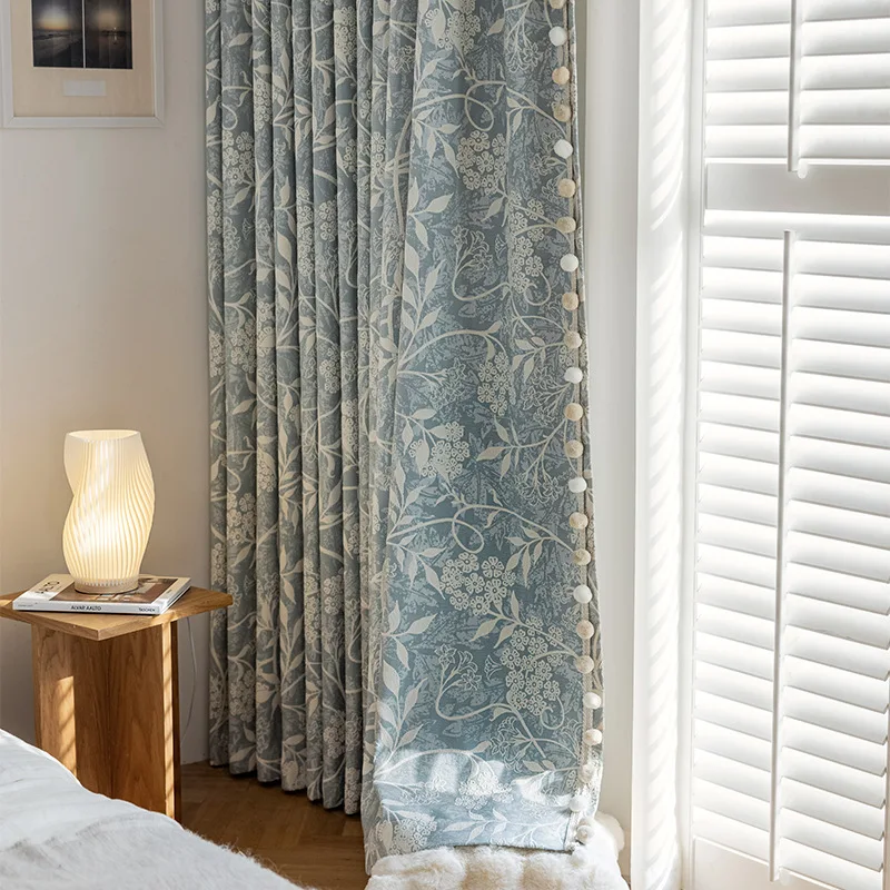 

Haze blue living room chenille jacquard curtains light luxury high-end thickened bedroom high blackout curtains