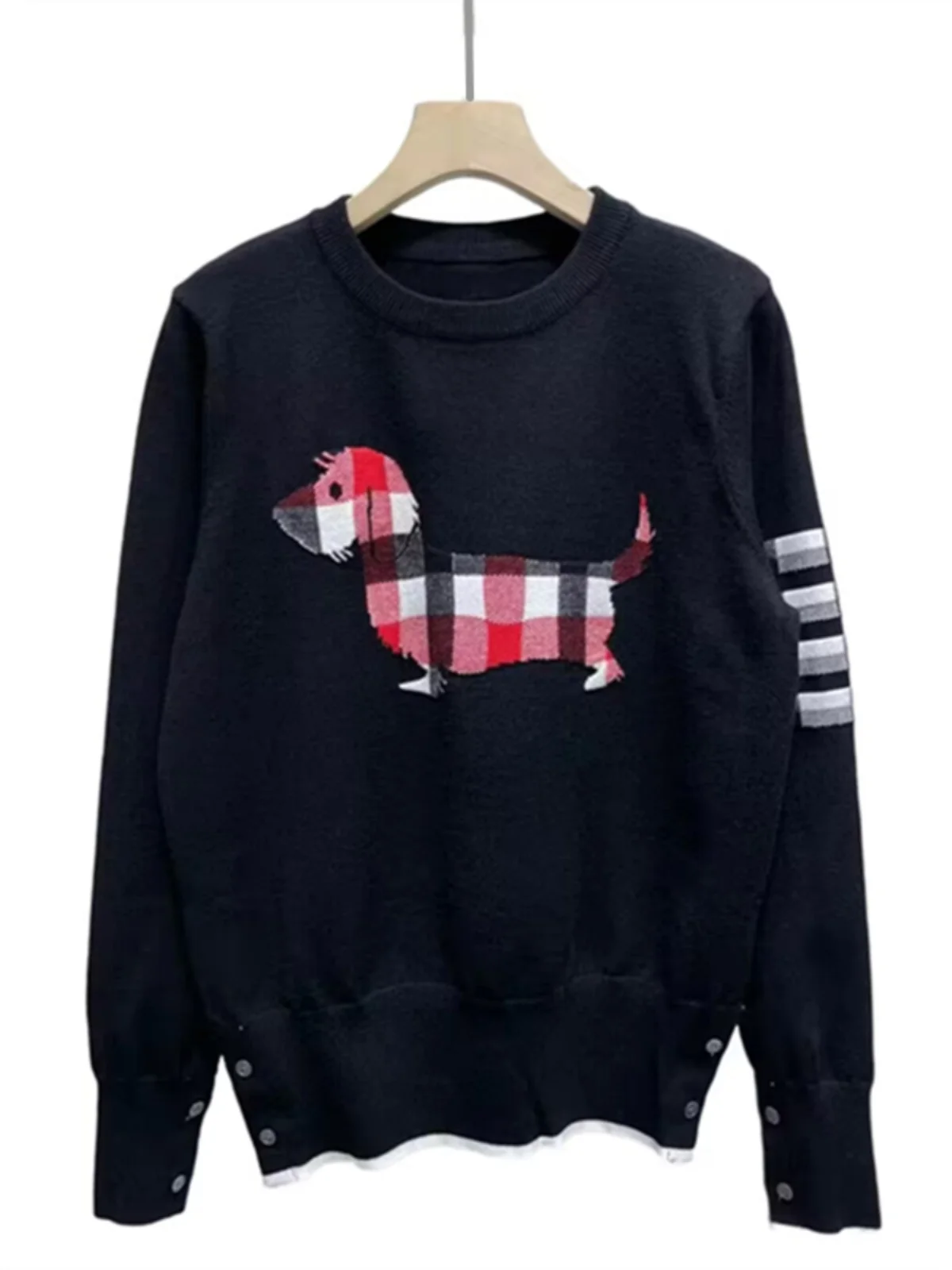 Casual Knitted Sweater Women's Loose Top Korean Sle College Sle Dog Pattern Plaid Four Stripe Overhead Sweater Trendy