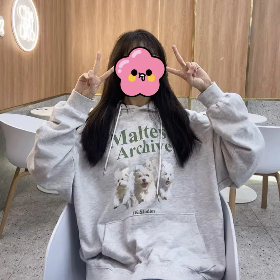 

WAIKEI YKSTUDIOS Dog Print Korean Loose Couple Lazy Retro Hooded Sweater with Plush Coat Japanese Cute Clothes Women's Clothing