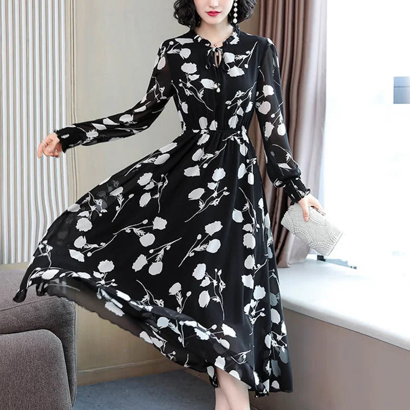 

Vintage Printed Long Sleeve Lace Up Bow Midi Dress Women Clothing 2023 Autumn New Oversized Loose Office Lady Floral Dress